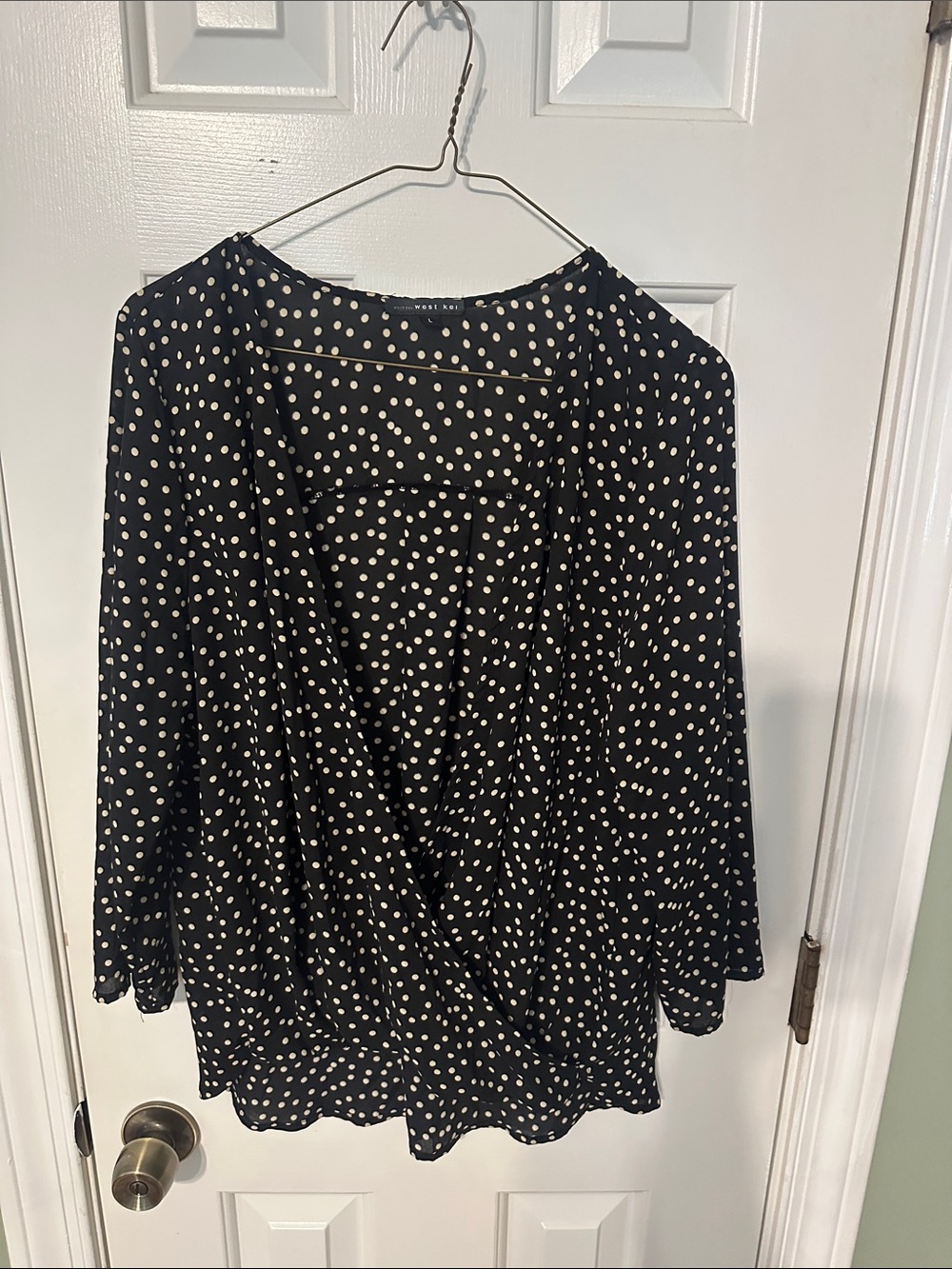 West Kei Black and White Polka Dot Wrap-Style Blouse